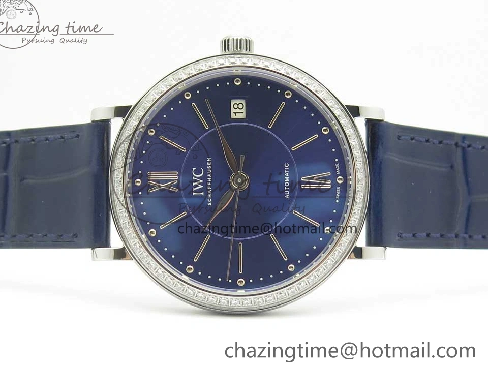 MIROTIME 1224 Fashionable Portofino IW458101 Diamond Bezel SS MK 1:1 Best Edition Blue Dial On Blue Leather Strap MIYOTA 7169